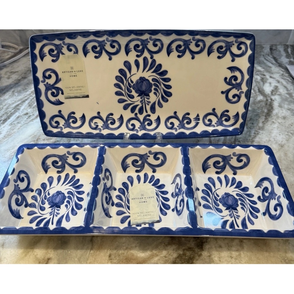 Artisan De Luxe Melamine  Blue Rose Scroll Serving & Divided Trays Set of 2 New